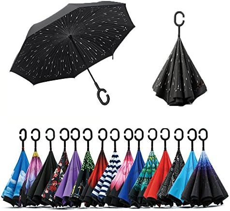 JOOAYOU Double Layer Inverted Umbrella, C Shape Handle Reverse Folding Umbrella, Anti-UV Windproof Travel Umbrella with Carrying Bag