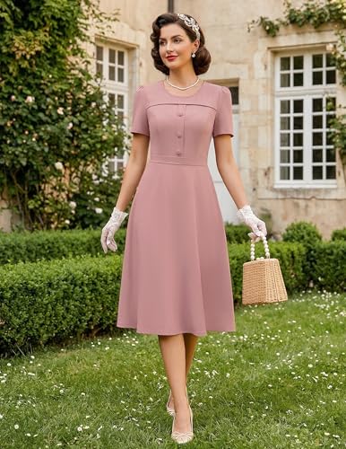 Image of Wedtrend 1950's Vintage Dresses for Women Modest Church Dress with Pockets Short Sleeve Tea Party A-Line Cocktail Dresses