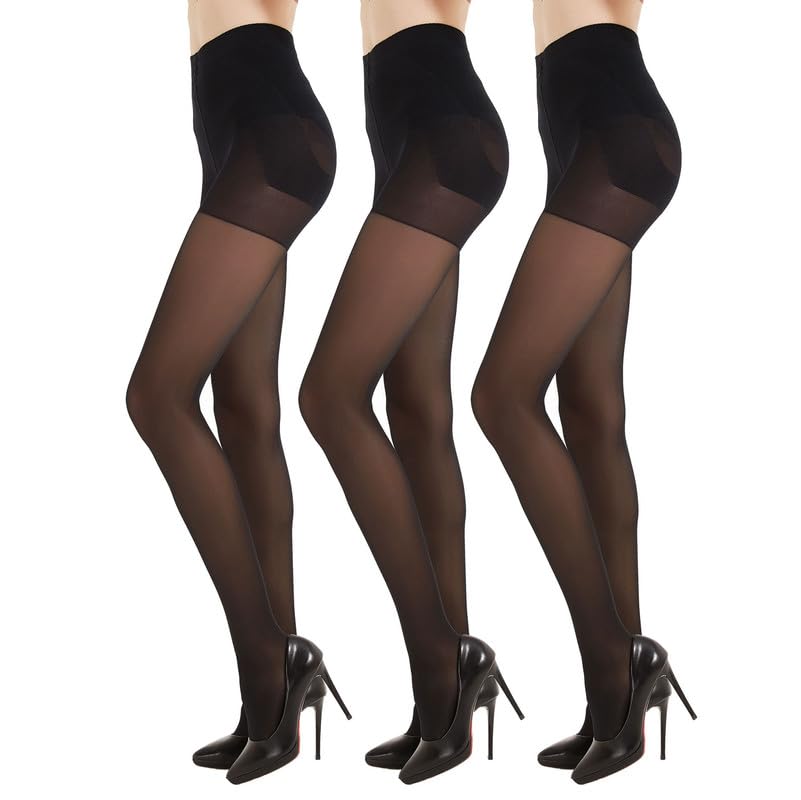 3 Pairs Semi Sheer Tights For Women,40D Silky Panty Hose Control Top Pantyhose With Support and Reinforced Toes