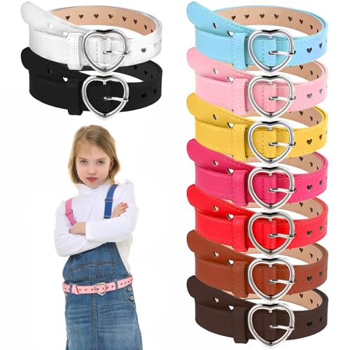 9 Pcs Girls Belt Size 6-12 Kids,Nine Colors Elastic Adjustable PU Leather Kids Belts,Hollow Heart-Shaped Metal Buckle Waist Belt for Girls Dress Pants Denim Skirts