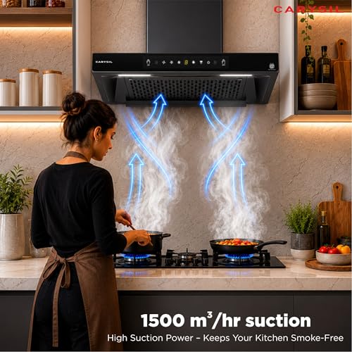 Image of Carysil AeroSync 60 cm Kitchen Chimney, T- Shape, 1500 m /hr Suction, Auto-Clean Filterless, 3-Speed Touch & Gesture Control, LED Lamp, 10-Year Warranty - Black