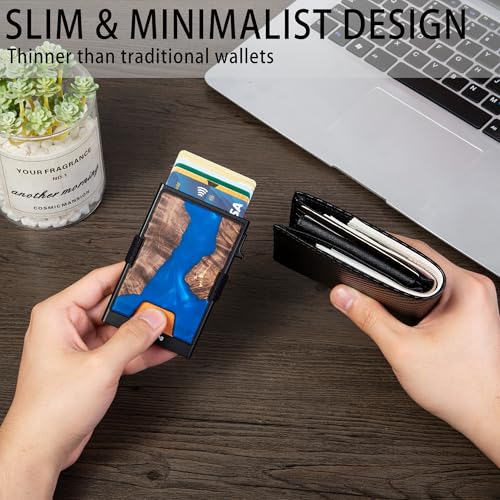Image of Minimalist Mens Card Holder Wallet, RFID Blocking Slim Smart Pop Up Aluminum Wallet,Holds 12+ Cards,Expandable Compact Plate,Cash Strap /Money Clip (Resin Dark Blue Wood)