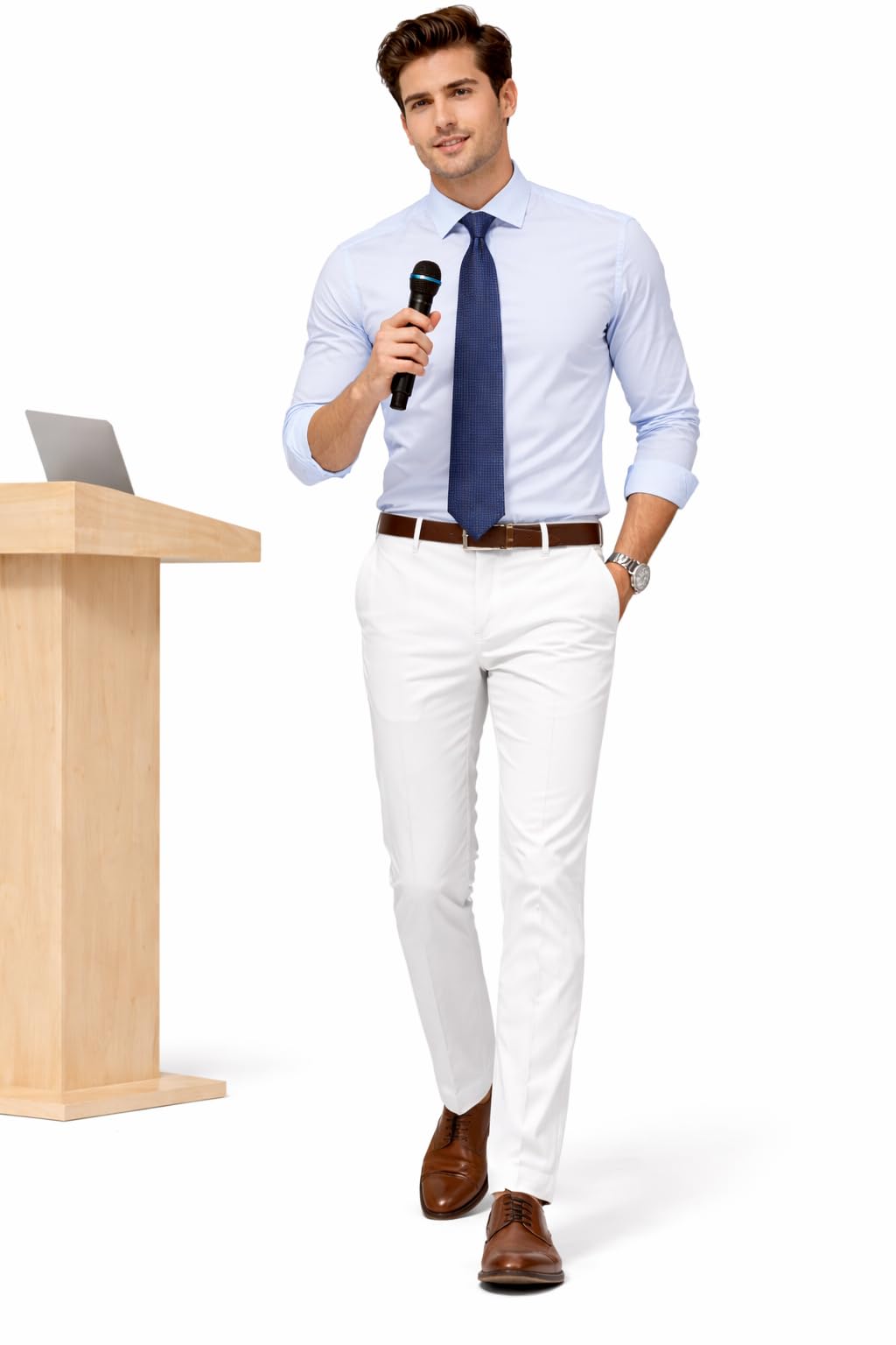 Zidux Men's White Cotton Flat Front Trousers, Slim Fit, Mid Rise, Wrinkle Resistant, Business Formal Wear-picture-39