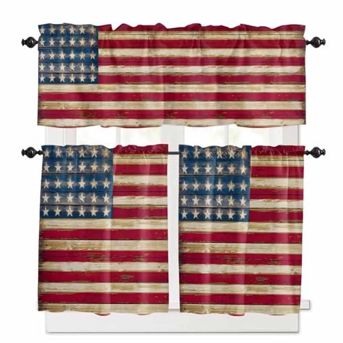 American Flag Vintage Kitchen Curtains 36 Inch Length, 3 Piece Rod Pocket Small Half Tiers and Valance Set, Brown Red Stripes US Flag Small Large Window Treatment Decor for Bedroom/Bathroom Sink
