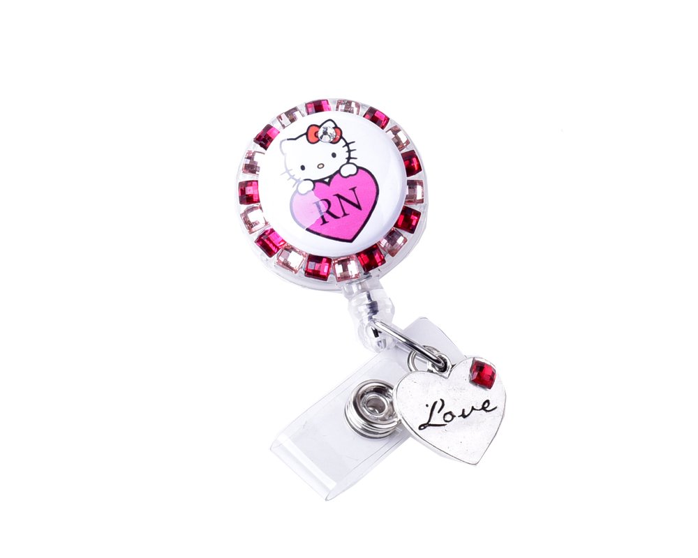HEART HELLO KITTY RN RHINESTONE BADGE REEL, RHINESTONE PENDANT STYLE, RHINESTONE RETRACTABLE BADGE REEL, HELLO KITTY RHINESTONE BADGE REEL. GREAT FOR NURSES AS RETRACTABLE ID BADGE HOLDER! (HOT PINK)