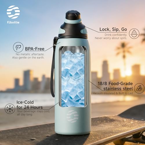Image of Fjbottle 24oz Stainless Steel Insulated Water Bottle No Straw Spout Lid | Leakproof Keeps Cold 24H, Double Wall Vacuum Insulated, BPA Free, Easy to Clean Sports Water Bottle for Gym Hiking & Outdoor