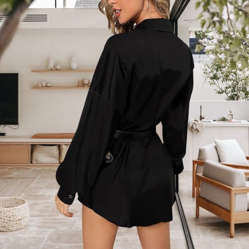 Image of Glozeplus Long Sleeve Button Down Collar Mini Shirt Dress for Women | Trendy script print shirt dress.The button-down front and collared V-neck create a chic.Perfect for office or casual dates.