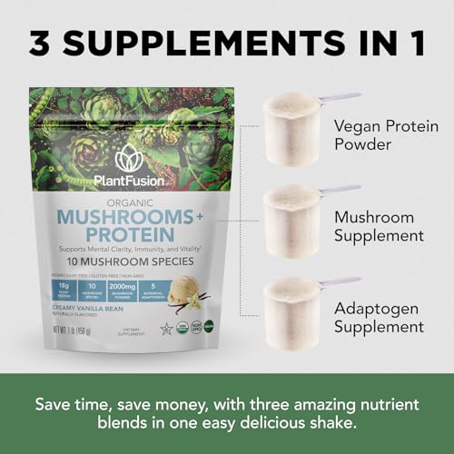 Plantfusion Mushroom Protein Powder 3 in 1 Vegan Protein Powder, Mushroom Supplement, and