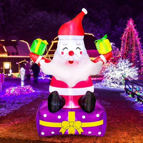 Christmas Inflatables 6 Ft Christmas Outdoor Decorations Inflatable Santa Claus with Gift Boxes Xmas Santa Claus Blow Up Yard Decor, Built-in LED Lights with Tethers, Stakes for The Yard, Lawn, Garden