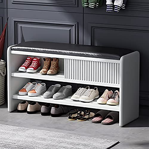 Banco De Almacenamiento De Zapatos Moderno,Banco De Entrada De Madera con Cojín De Cuero,Pasillo De Gabinete De Banco De Zapatos Tapizado,Asiento Blanco-Negro,100X30X45Cm(39X12X18pulgadas)