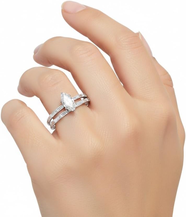 Choose Your Gemstone Baguette Wedding Band Sets Sterling Silver Marquise Shape Wedding Ring Sets Affordable for Your Girlfriend, Wife, Partner Wedding US Size 4 to 12