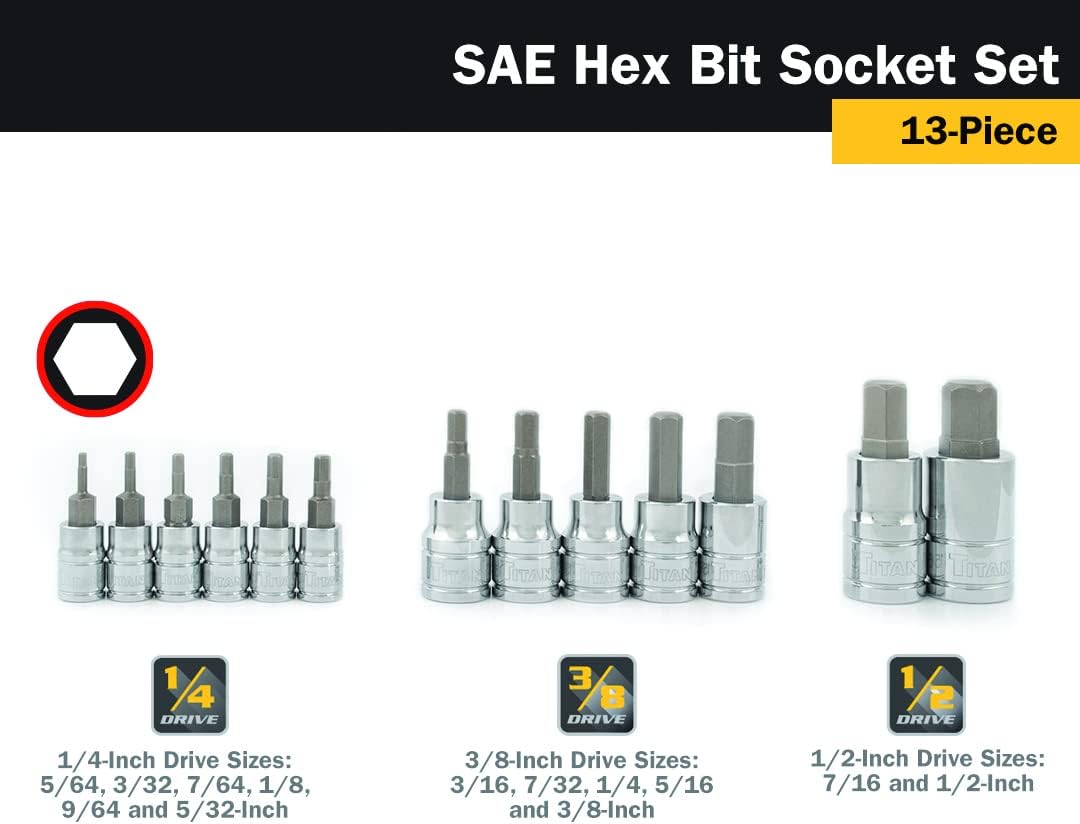 Titan 85530 13-Piece SAE Hex Bit Socket Set, Magnetic Socket Organizer with Laser-Etched Size Markings