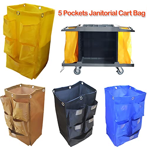 Image of Replacement Janitorial Cart Bag, High Capacity Waterproof Thickened Housekeeping Commercial Janitorial Cleaning Cart Bag with 6 Brass Grommets - 25 Gallon (Brown with 5 Pockets)