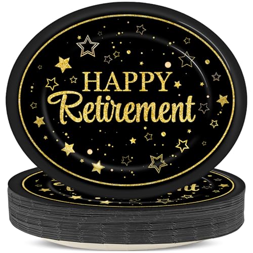 QOUBAI 50Pcs Happy Retirement Party Oval Plates 11 Inch Large Retirement Party Tableware Set Farewell Disposable Paper Plates We Will Miss You Dinnerware for Black Gold Holiday Decoration Supplies