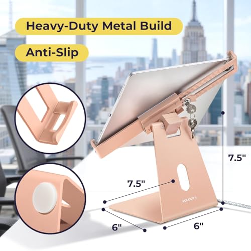 Image of Volcora Anti-Theft Tablet Stand iPad Kiosk Stands with Lock, Pink 10-13'' ipad Stand for Desk, Swivel, Adjustable iPad Holder for Desk, iPAD Mount for POS Register, Retail Business, Cashier