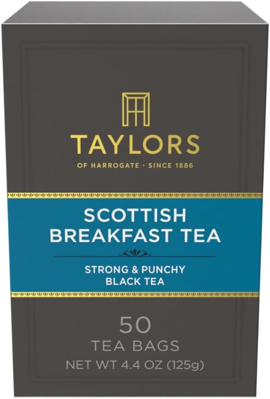 Taylors of Harrogate Scottish Breakfast Black Tea Individually Wrapped Bags, 50 Count (Pack of 1), Strong, Malty and Full, Caffeinated, Enjoy Hot or Iced, 50 Teabags