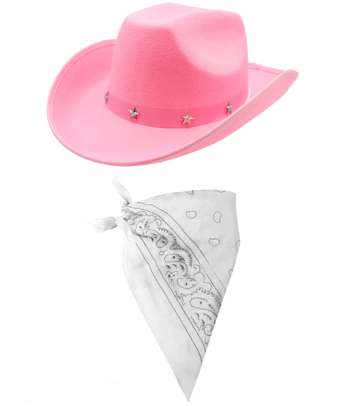 Cowboy Fancy Dress Accessory Set Costume Pink Cowboy Hat With Star Studded Band & Coloured Paisley Bandana Wild West Western Sheriff Bandana (White Bandana)