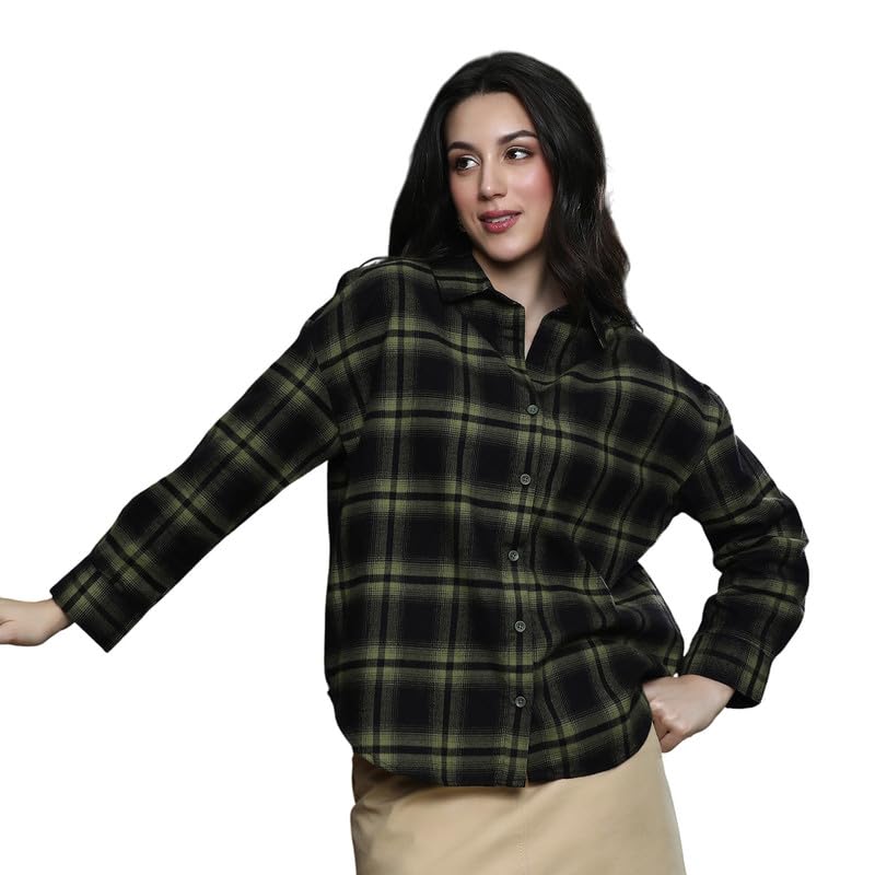 pinacolada Women's Brushed Shirt | Spread Collar, Long Button-Cuff Sleeves, Button Closure | Checks Brushed Woven Shirt for Casual Seaweed Green-picture-10