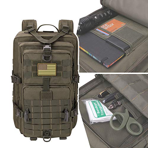 Image of Hannibal Tactical MOLLE Assault Backpack, Tactical Backpack Military Army Camping Rucksack, 3-Day Pack Trip w /USA Flag Patch, D-Rings, Olive