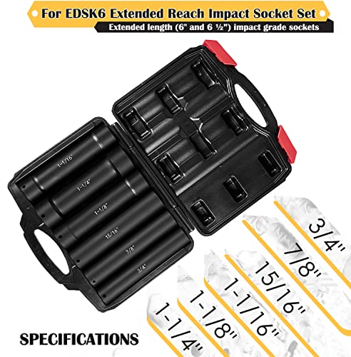 1/2 Inch Drive Extended Length Impact Socket Set 6 Sizes - Hex Sizes 3/4\", 7/8\", 15/16\", 1-1/16”, 1-1/8\", 1-1/4\"Extra-Deep Length Extra-Deep Impact Set Heavy Duty with Case - Thumbnail 4