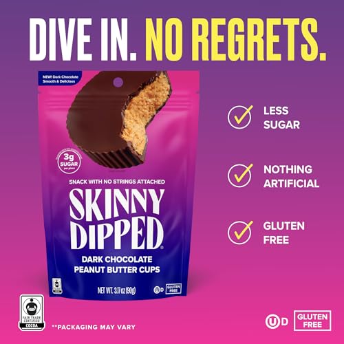 Image of SkinnyDipped Dark Chocolate Peanut Butter Cups, 3.17oz Bags | 4 Pack | Rich Dark Chocolate, Creamy Peanut Butter Filled | Individually Wrapped | Low Sugar | Gluten Free