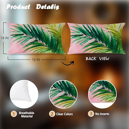 Image of Pink and Green Summer Tropical Coastal Palm Leaf Pillow Cover Decor 12x20,Small Botanical Decorative Lumber Throw Pillow Cover for Beach House Decor Double-Sided Set of 2
