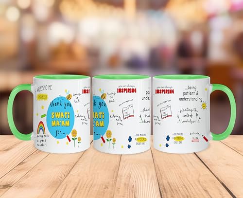 Image of DAYS Thank You Teacher Personalized Mug Custom Teacher's Name Best Teacher Gift, Teacher on Birthday Helping Me to Grow Ceramic Mug 11oz (Green Mug)
