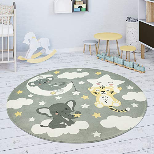 Paco Home Alfombra Infantil Redonda Chicas Chicos Estrellas Luna Elefante Arco Iris, tamaño:Ø 80 cm Redondo, Color:Gris