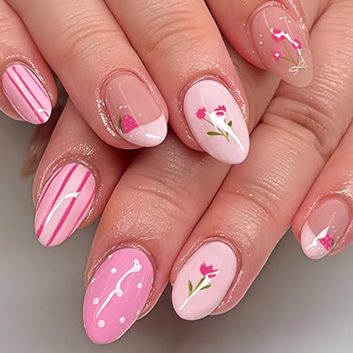Image of Pink Press on Nails Flower Fake Nails Medium Oval False Nail with Stripes Polka Dot Design Reusable Glossy Full Cover Tulip Stick on Nail for Women Manicure 24Pcs
