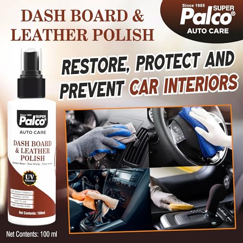 Image of PALCO Dashboard & Leather Polish 100ml with Sponge (Pack of 1) All in One Car Polish Spray Interior Cleaner, Restores Shine for Dashboard, Leather Seats & Panels Bike Polish for Shining