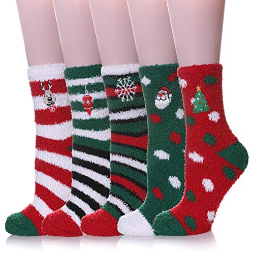 LANLEO 5/6 Pairs Womens Super Soft Fuzzy Plush Warm Winter Home Sleeping Slipper Socks 5 Pairs Christmas