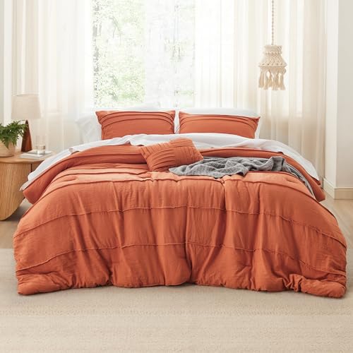 Image of Bedsure Queen Comforter Set - 4 Pieces Pinch Pleat Bed Set, Burnt Orange Boho Bedding for All Season, 1 Soft Comforter, 2 Pillowcases, 1 Decorative Pillow
