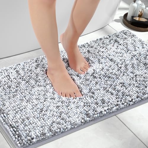 Image of Yimobra Bath Mats for Bathroom Non Slip, 31.5x20, Extra Soft Chenille Bathroom Rugs, Fluffy Plush Luxury Shower Mat Outside, Water Absorbent, Machine Washable, Sink and Tub, Light Grey & Dark Grey