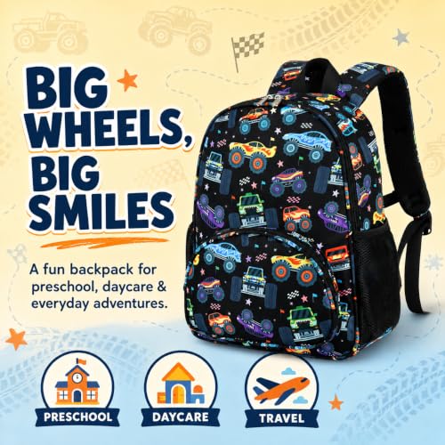 Image of LOIDOU Kids Preschool Backpack for Boys, 15 Inch Monster Truck School Bag, Lightweight Water-Resistant Kindergarten Backpack with Chest Strap for Ages 3-6