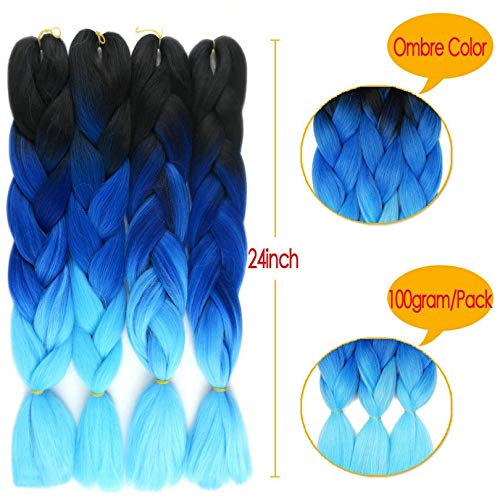 Miniatura 7 de Ombre Kanekalon - Extensiones de cabello trenzado de 24 pulgadas, 3.53 onzaspieza, extensiones de cabello sintético (negro-azul-azul claro), 3
