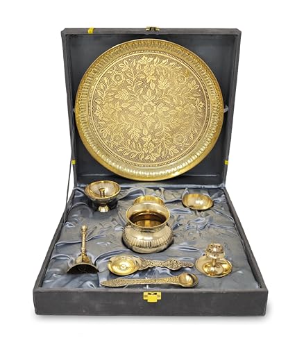 Brass Pooja Thali Set with Grey Gift Box 10 Inch Pital Puja Thali...