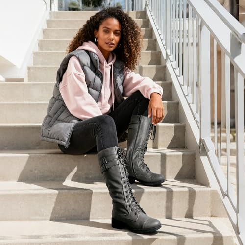 DREAM PAIRS Women's Pu Knee High Riding Combat Boots,Size 6,Grey,GEORGIA
