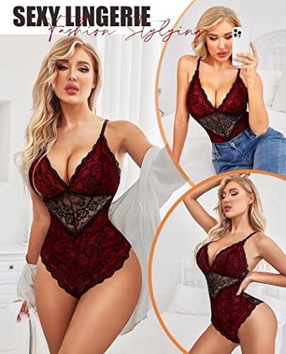Avidlove Lingerie for Women One Piece Snap Crotch Teddy Bodysuit Contrast Lace Mini Babydoll3