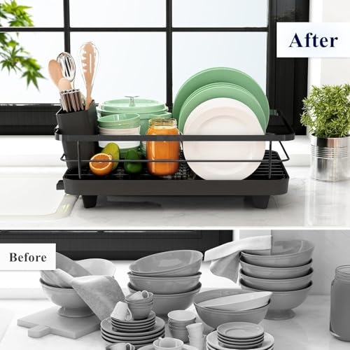 Image of HAKKU Black Dish Drainer Rack with Drip Tray, Stainless Steel Draining Dish Rack Drainer with Draining Board and Utensils Holder (Modern Black Rack)