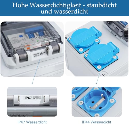 HITRENDS Wandverteiler, FI Schalter 40/2/0.03A, 2x Schuko Steckdose 230V, 1x C32A Leistungsschalter, IP67, für Indoor/Outdoor, Werkstätten und Fabriken