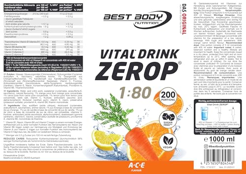 Best Body Nutrition Vital Drink ZEROP® - A-C-E, Original Getränkekonzentrat - Sirup - zuckerfrei, 1:80 ergibt 80 Liter Fertiggetränk, 1000 ml