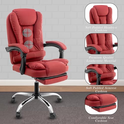 Image of Italia Leatherette Office Chair for Work | Boss Chair, Luxurious Cushioned Arms & Seat, 2 Point Back Massager, Adjustable Leg Rest, Heavy Duty Metal Base (Burgundy)