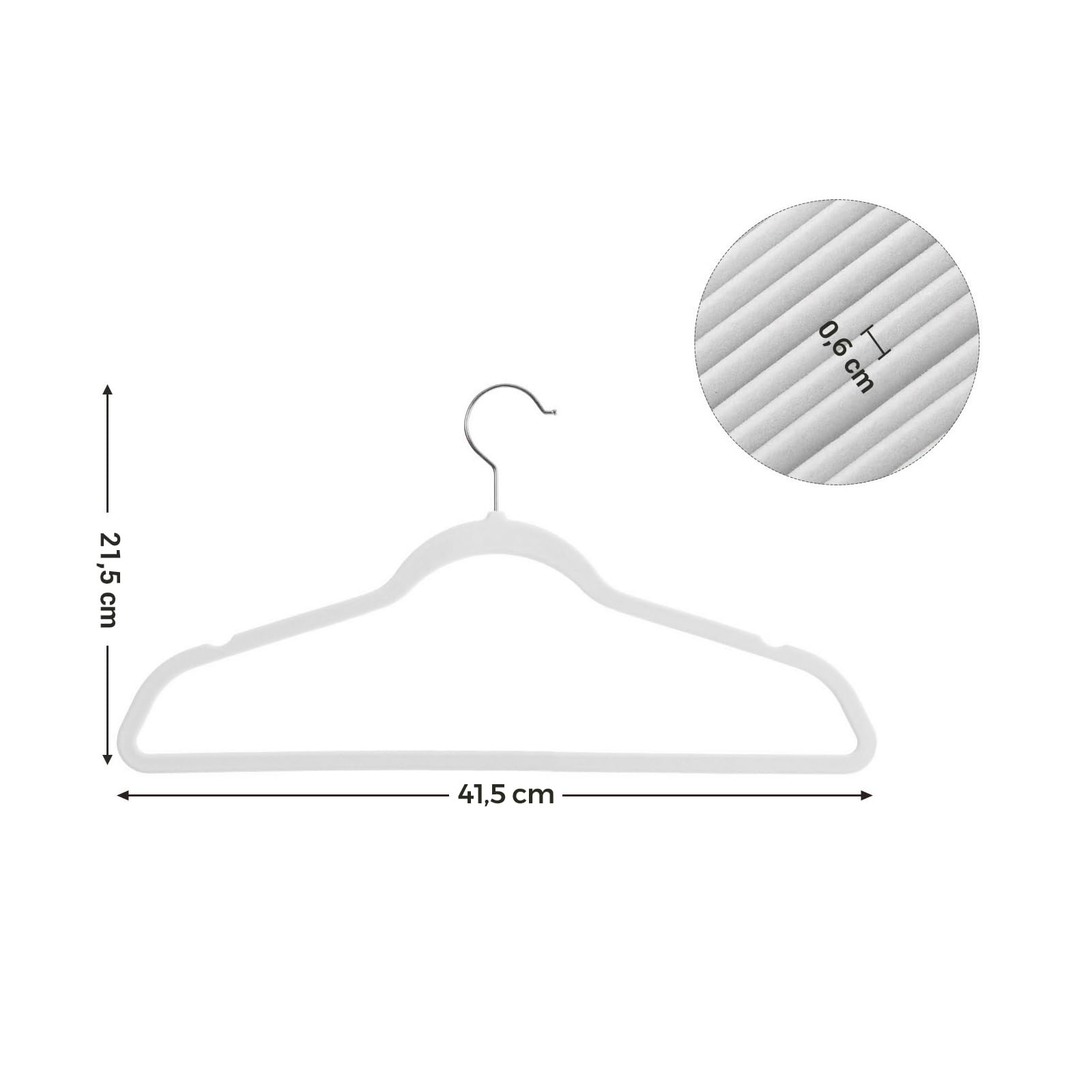 SONGMICS Grucce Velluto 50 Pezzi, Grucce Appendiabiti Lunghe 41,5 cm, Salvaspazio, Capacità di Carico Elevata, Gancio Girevole a 360°, Cappotti Camicie Completi, Bianco e Argento CRF026W04