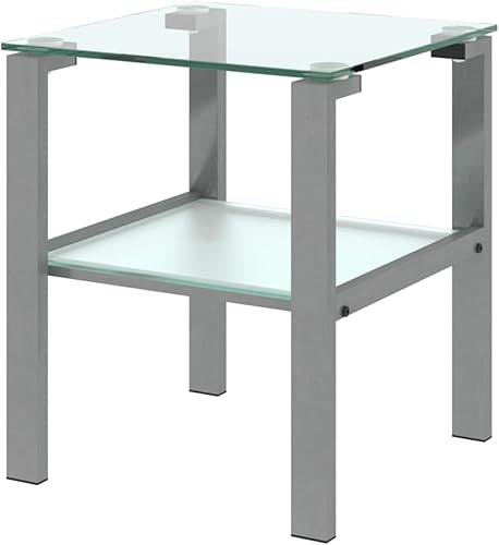 Miniatura 7 de Exquisita mesa de té de vidrio de dos capas, mesa de sofá de vidrio templado, mesa auxiliar pequeña gris y mesa de esquina, mesa auxiliar moderna