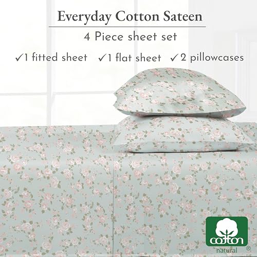 Image of California Design Den Printed Pattern Rose Queen Sheet Set, 100% Cotton Sateen Deep Pocket Queen Sheets & Pillowcase Set - Vintage Rose