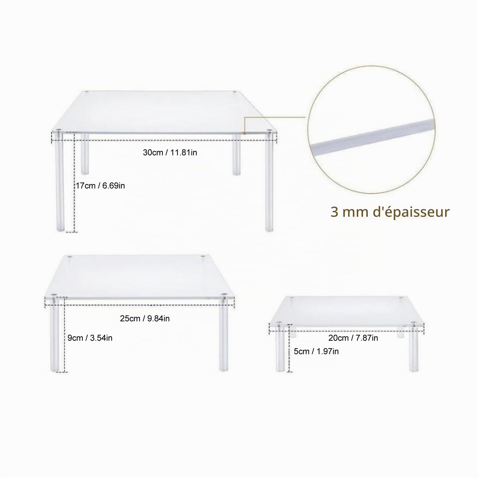 3Pcs Présentoir à Gâteau en Acrylique Transparent, 20 cm 25 cm 30 cmSupports à Gâteaux Carrés, Support d'exposition Cupcakes, pour Pizza, Dessert, Noël, Mariage, Anniversaire, Fête De Thé