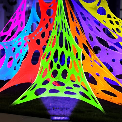 Glow in the dark 1800 Sqft 7 colors Uncut Giant Spider Web Halloween Decorations Outdoor with 1 Black Light &10 Ground Nails Stretchy Beef Cloth Netting DIY Flexible Elastic for Yard Party Decor