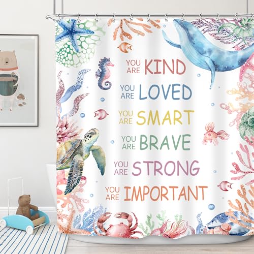 Imirell Kids Inspirational Quotes Ocean Shower Curtain 60Wx72H Inches Motivational Positive Whale Underwater Coral Nautical Teens Girls Pink Fabric Waterproof Polyester with 12 Pack Hooks Plastic