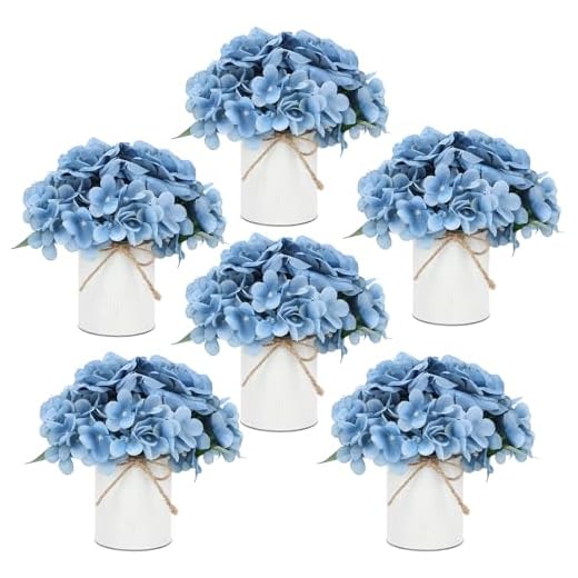21 Creative Mother's Day Decor Ideas to Celebrate Mom 2 DIYDOFUN Flower Table Centerpieces - Artificial Wedding Hydrangeas Floral Arrangement with Rustic Metal Vase for Bridal Tea Party Event Decorations (Dusty Blue, Set of 6 Floral Arrangement)