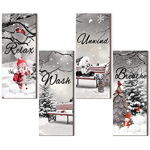 Gerrii 4 Pcs Christmas Bathroom Wall Decor Winter Wooden Rustic